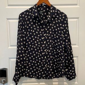 J. Crew Women’s Silk Long Sleeve Button Blouse Navy/White Hens